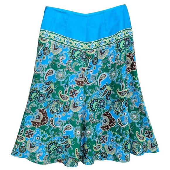 Vtg Banana Republic Silk Midi Skirt Blue Green Paisley A Line Lined Size 0 - Picture 2 of 8